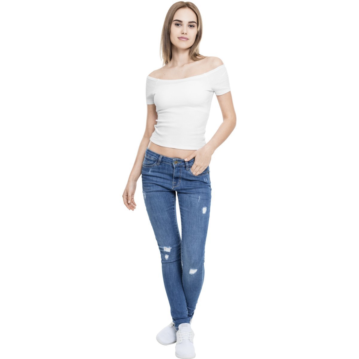 Urban Classics Ladies - Off Shoulder Rib Top blanc