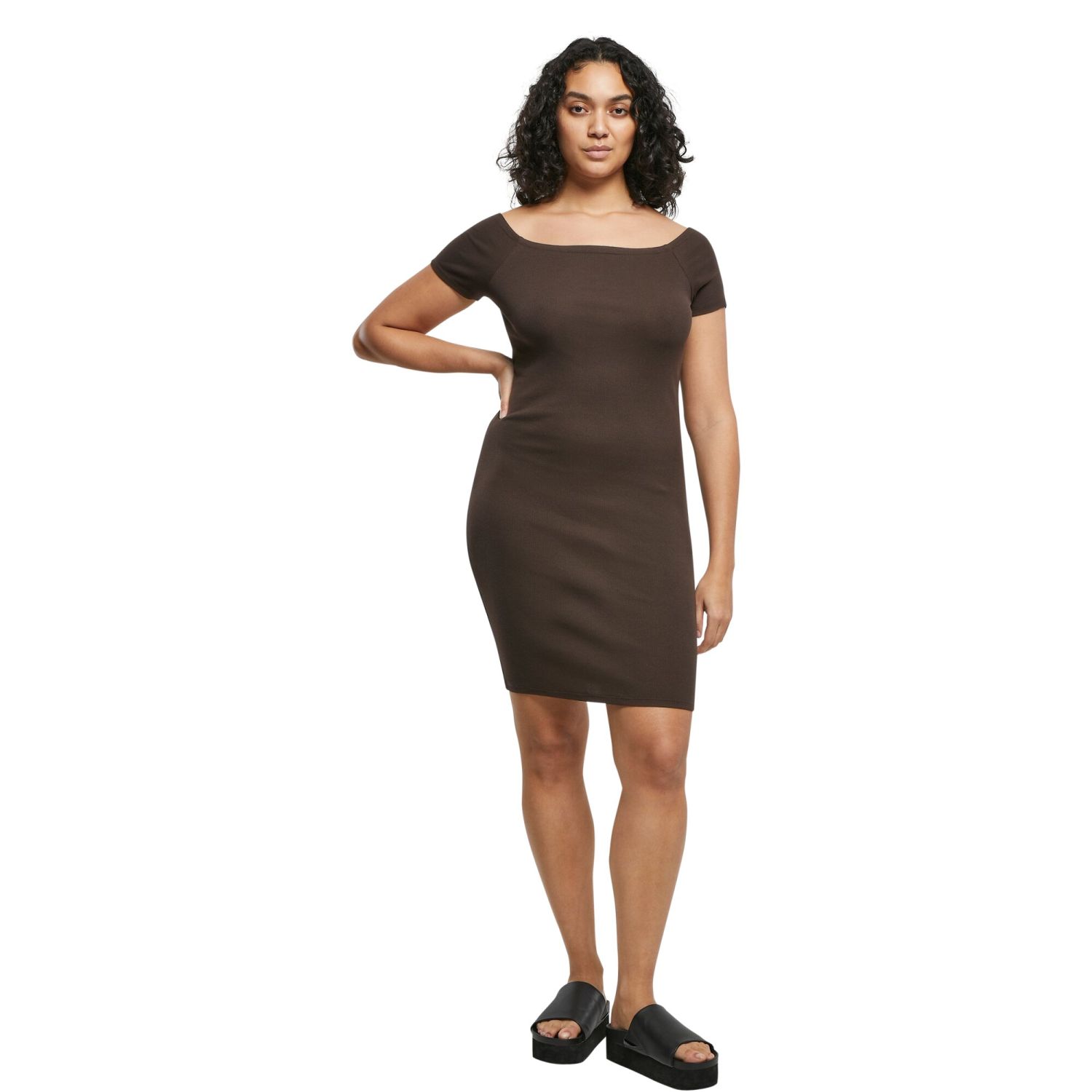 Urban Classics Ladies - Off Shoulder Rib Dress brown