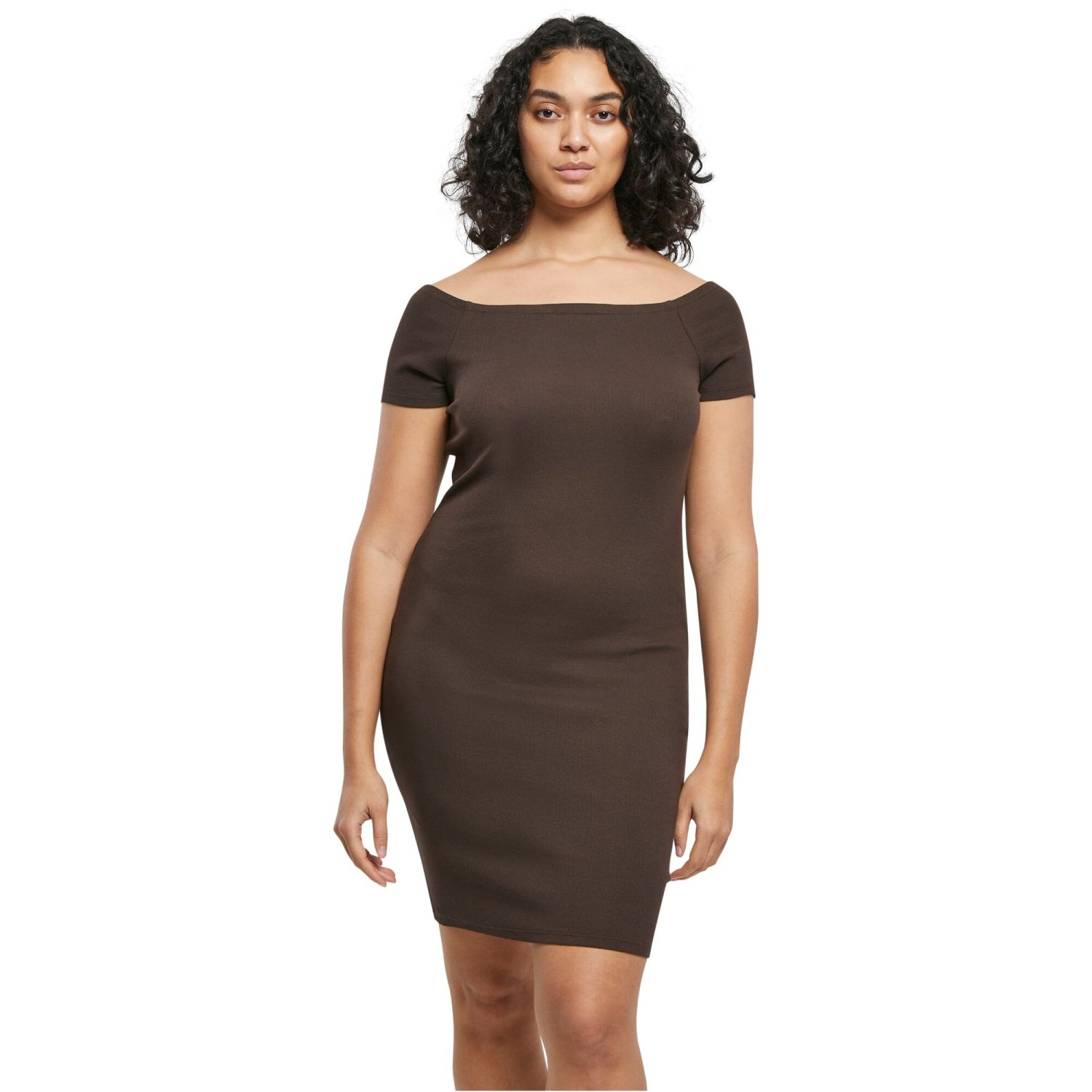 Urban Classics Ladies - Off Shoulder Rib Dress brown
