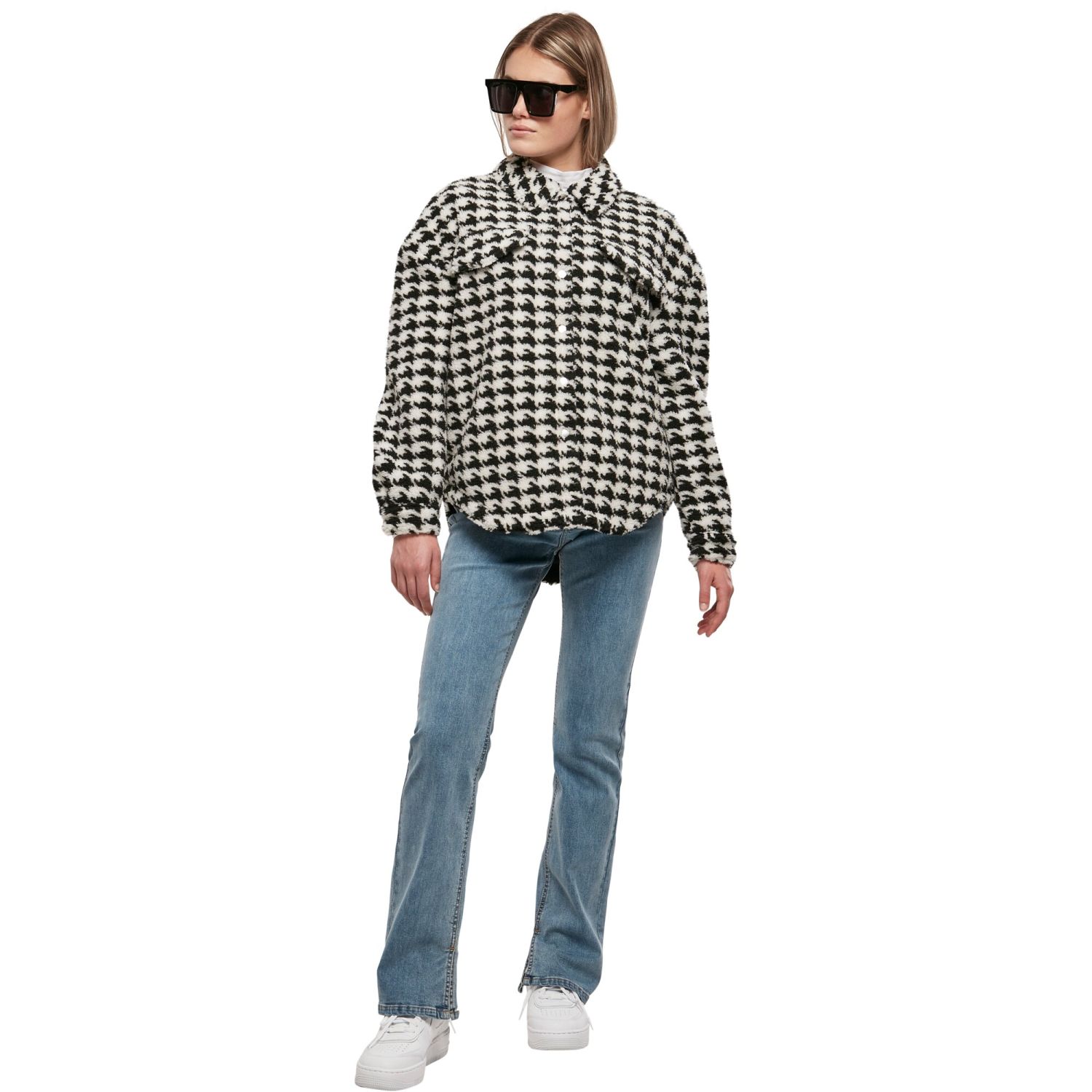 Urban Classics Ladies - Sherpa Overshirt houndstooth