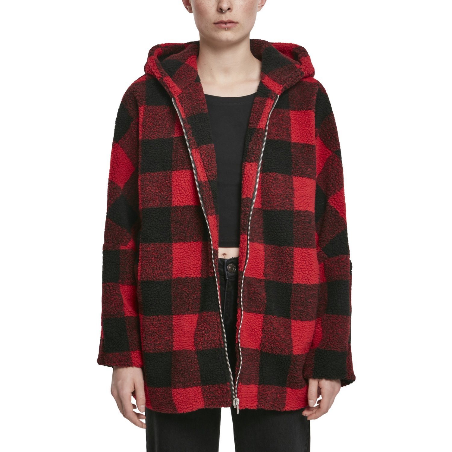 Urban Classics Ladies - Oversized Check SHERPA Jacket red