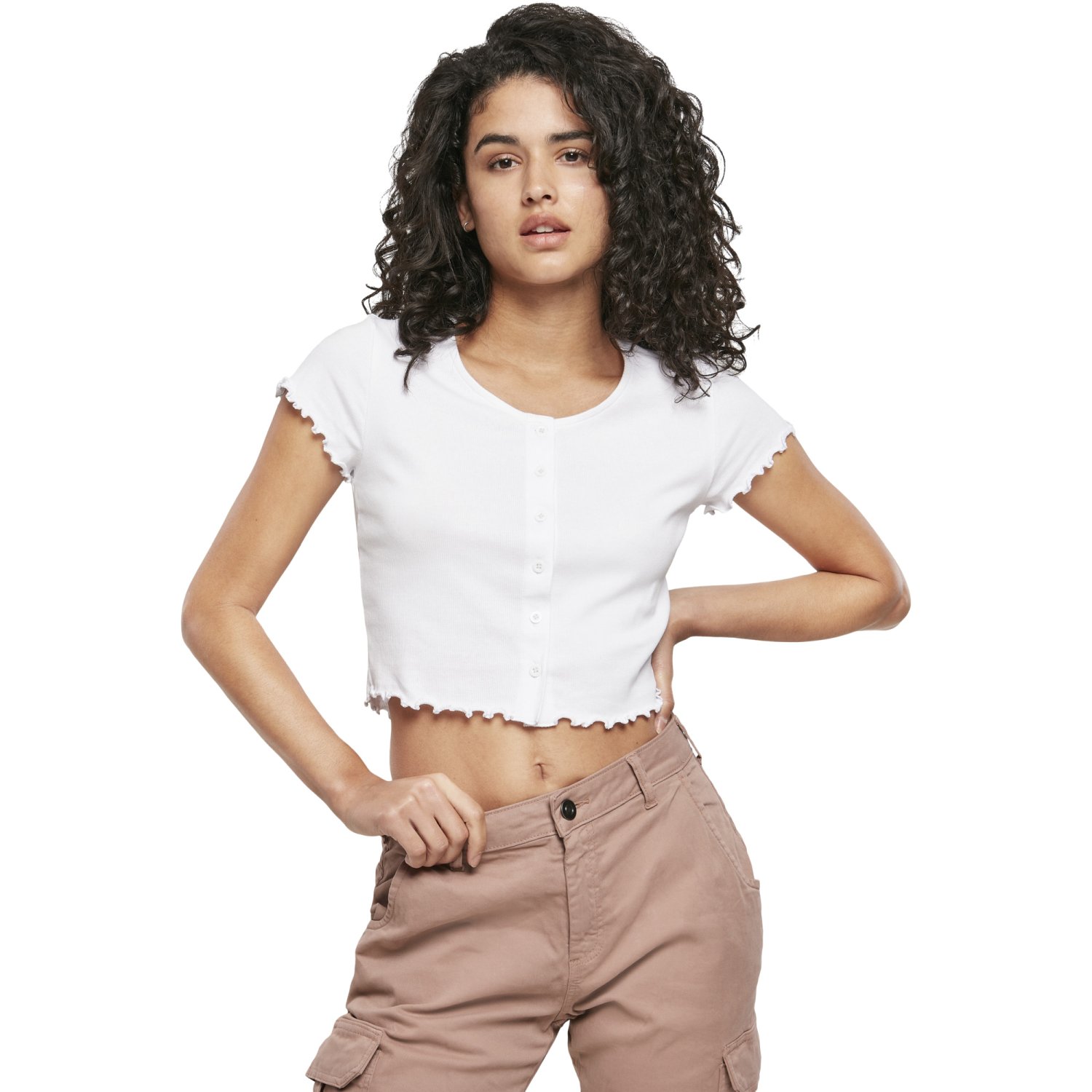 Urban Classics Ladies - Cropped Button Up Rib Top blanc