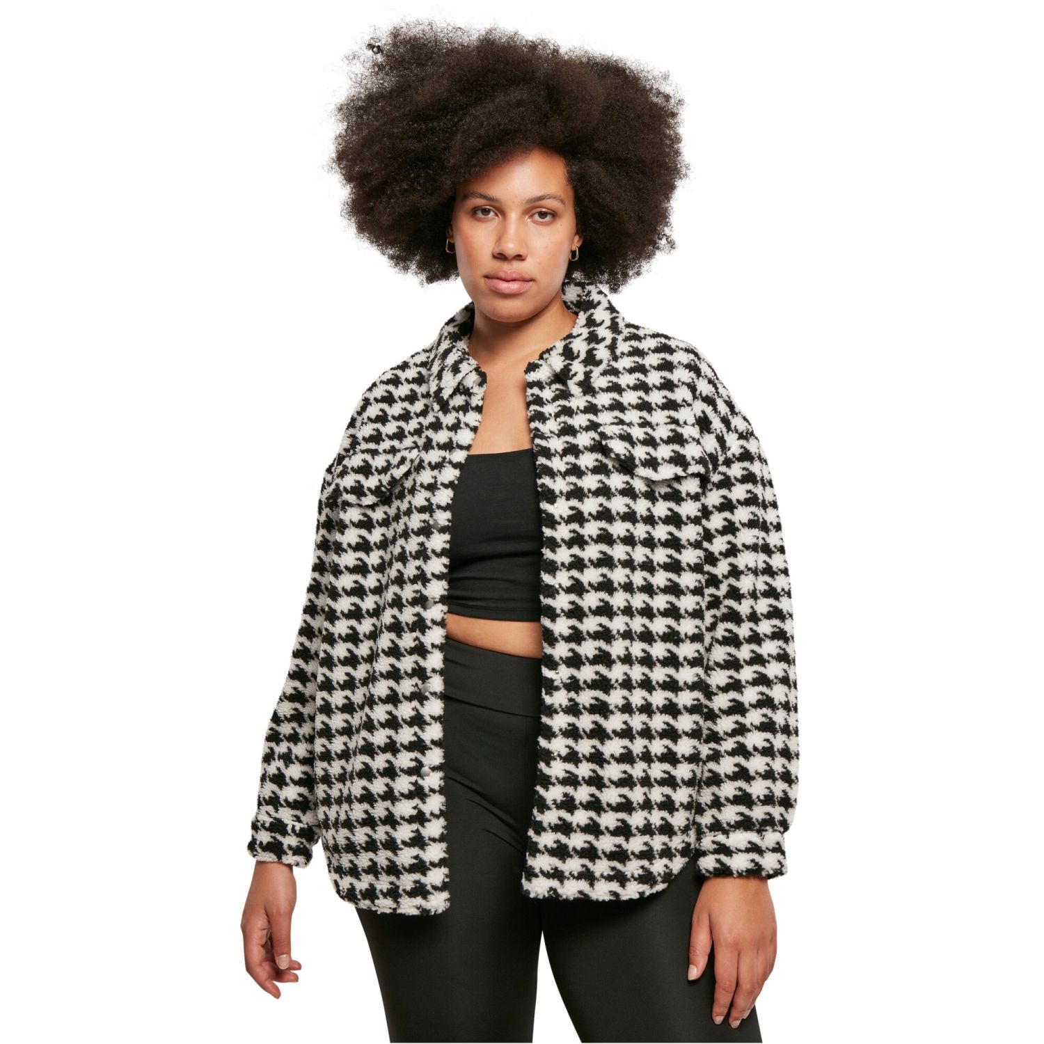 Urban Classics Ladies - Sherpa Overshirt houndstooth