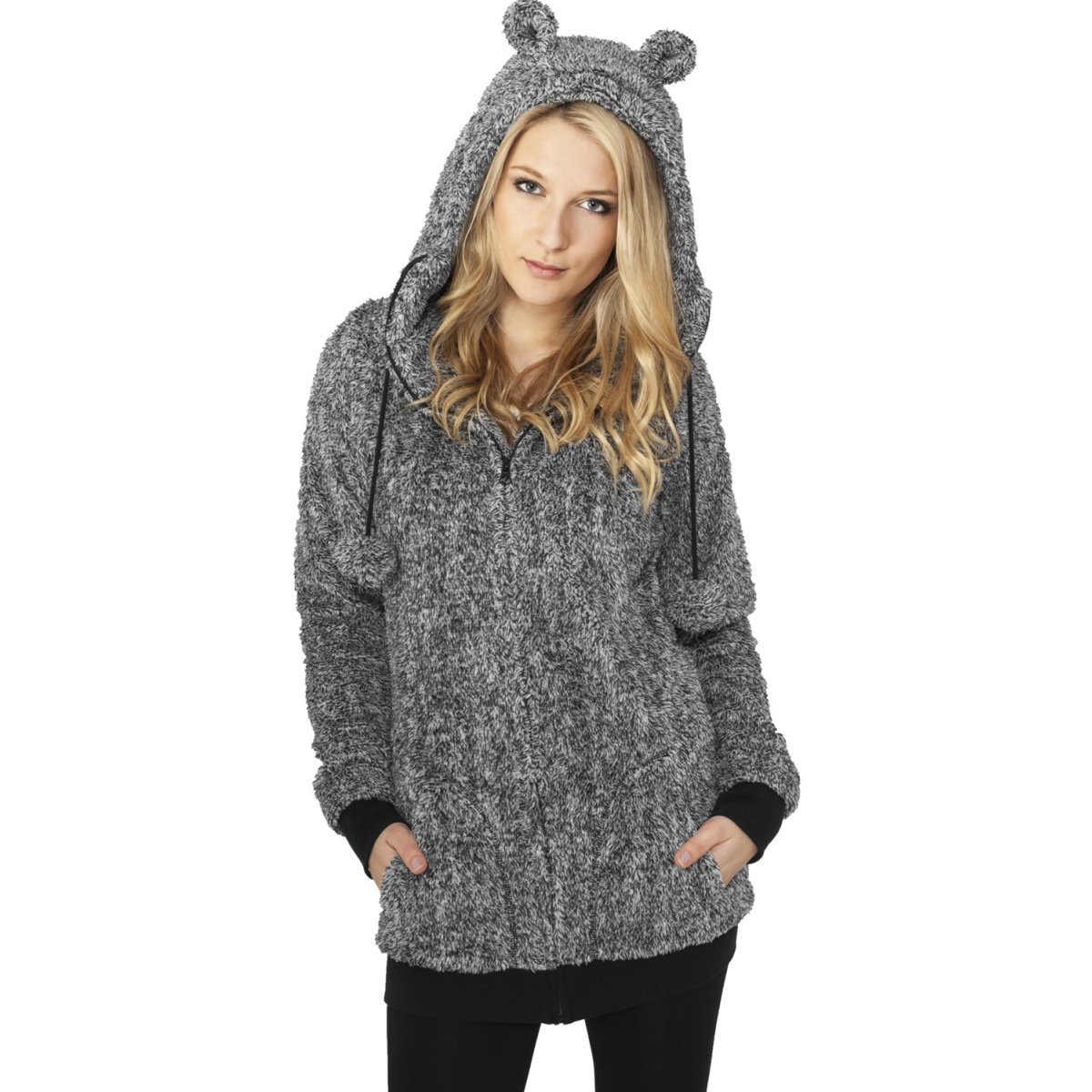 Urban Classics Ladies - MELANGE TEDDY Long Zip Hoody schwarz