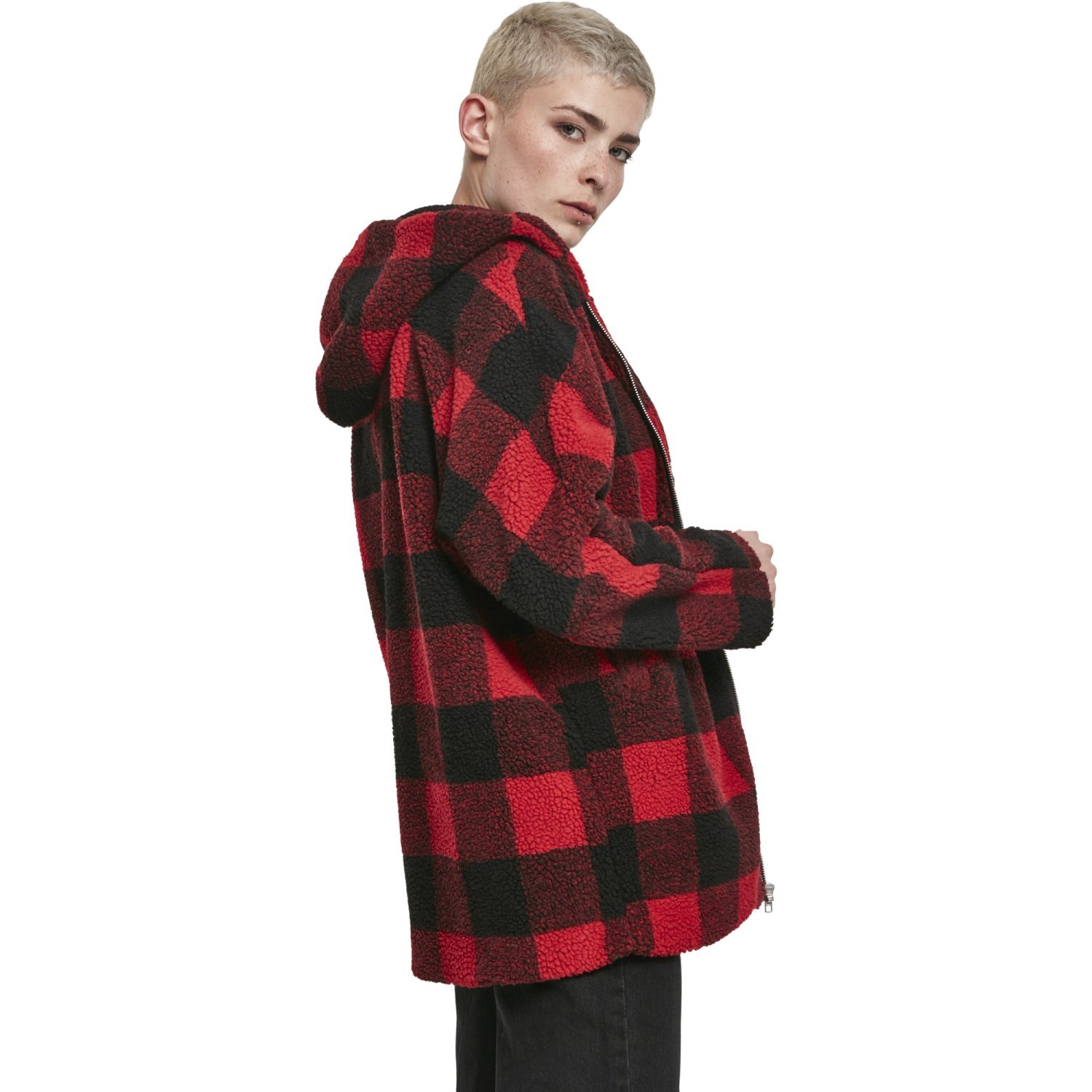 Urban Classics Ladies - Oversized Check SHERPA Jacket red