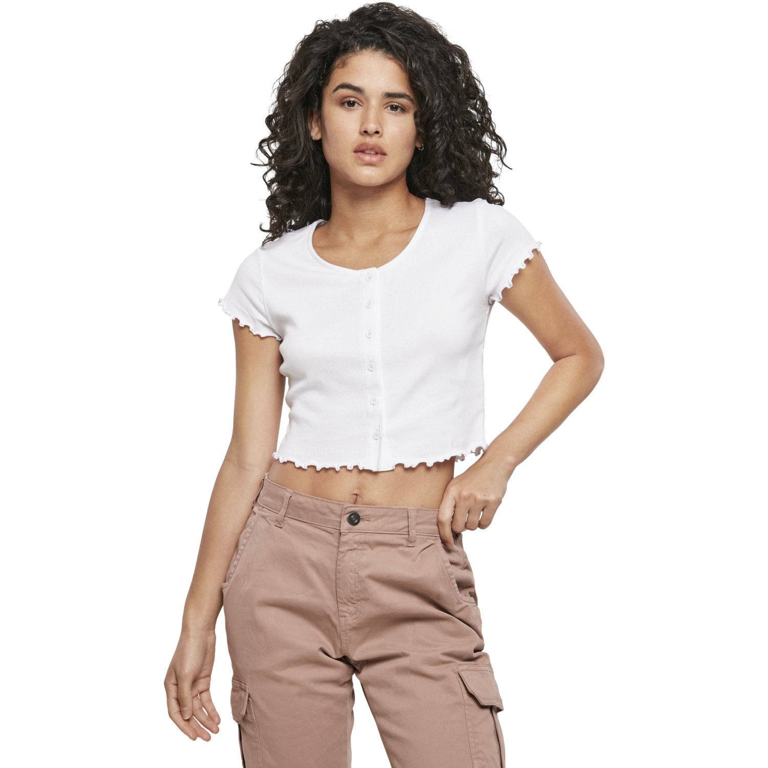 Urban Classics Ladies - Cropped Button Up Rib Top blanc
