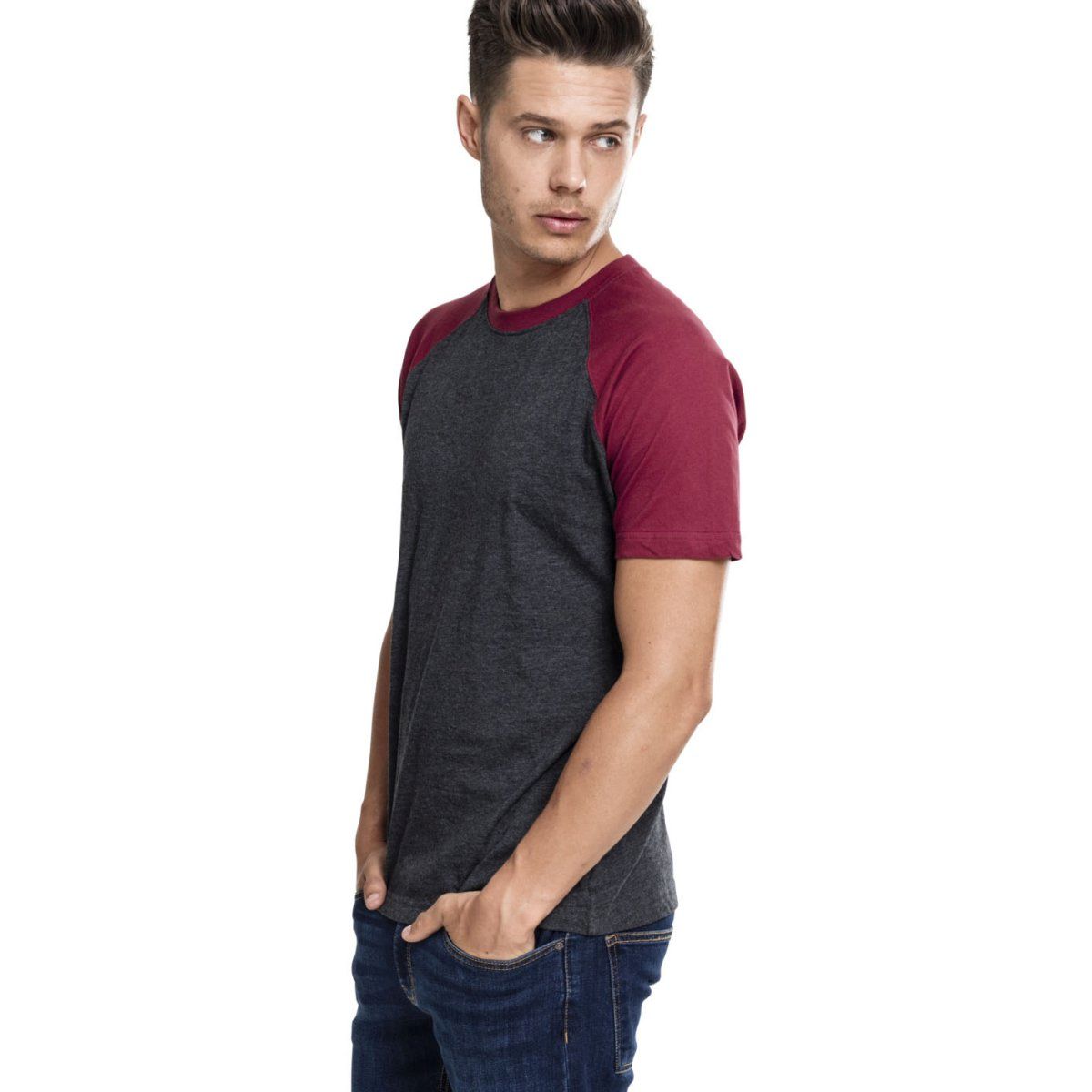 Urban Classics - RAGLAN Contrast T-Shirt charcoal / burgundy