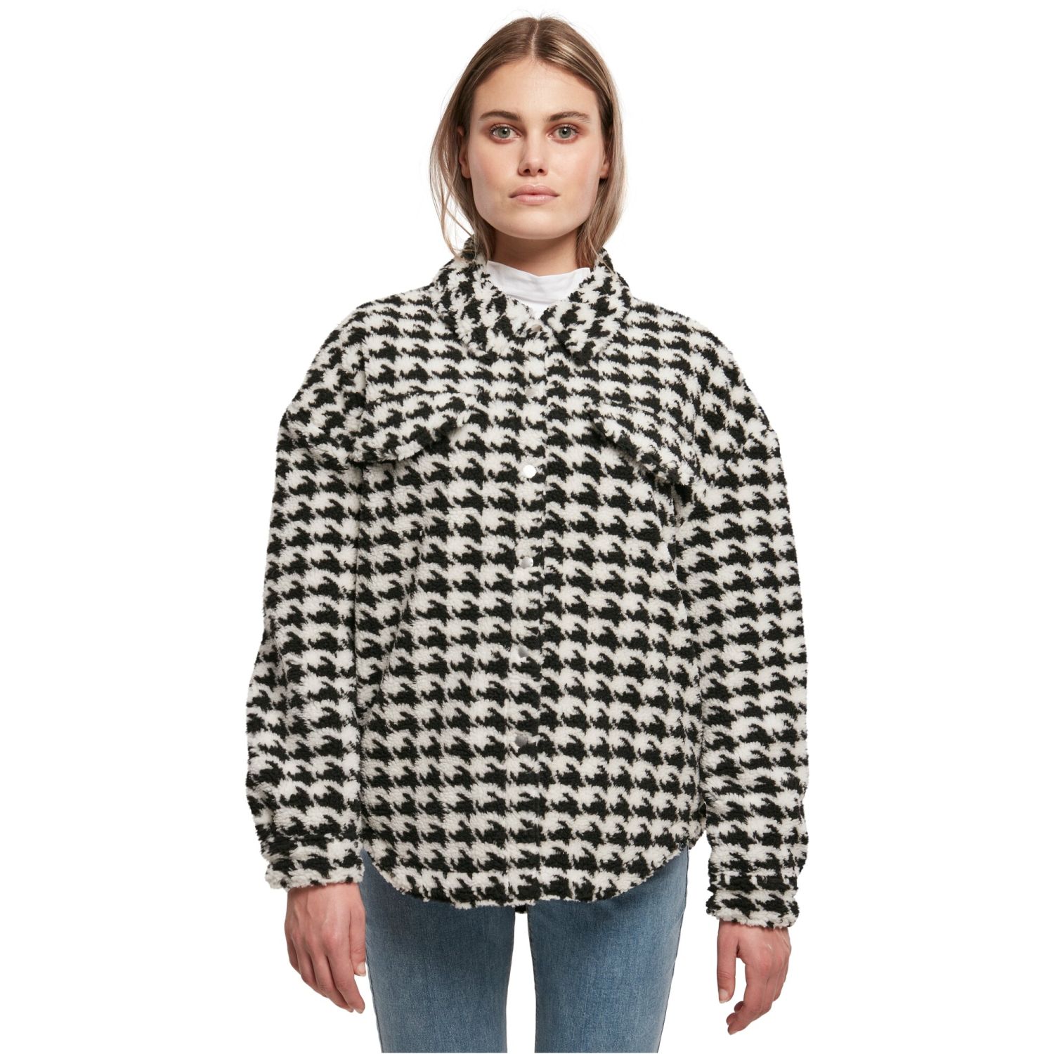 Urban Classics Ladies - Sherpa Overshirt houndstooth
