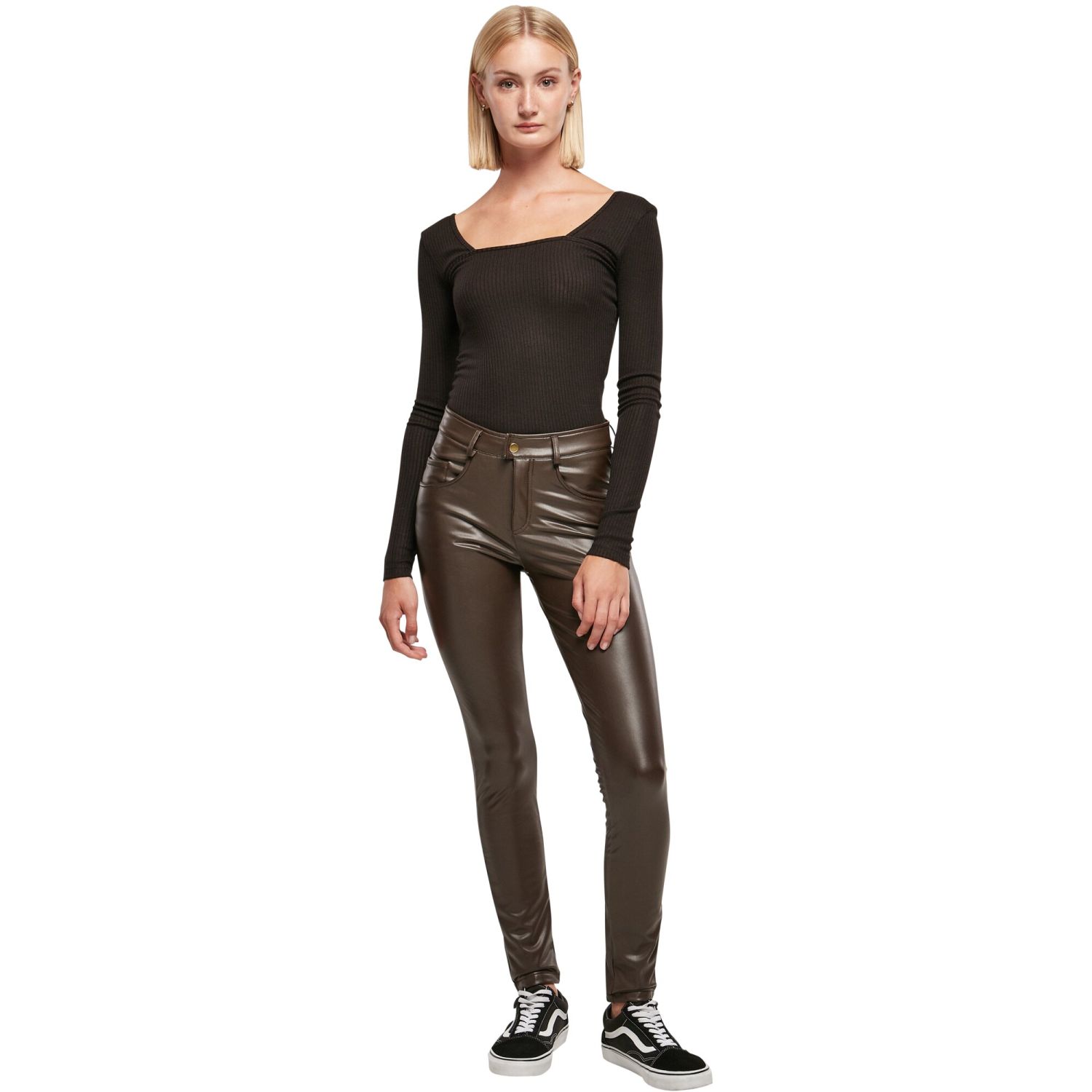 Urban Classics Ladies - Mid Waist Faux Leather Pants brown