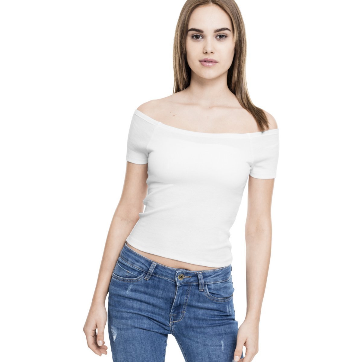 Urban Classics Ladies - Off Shoulder Rib Top blanc
