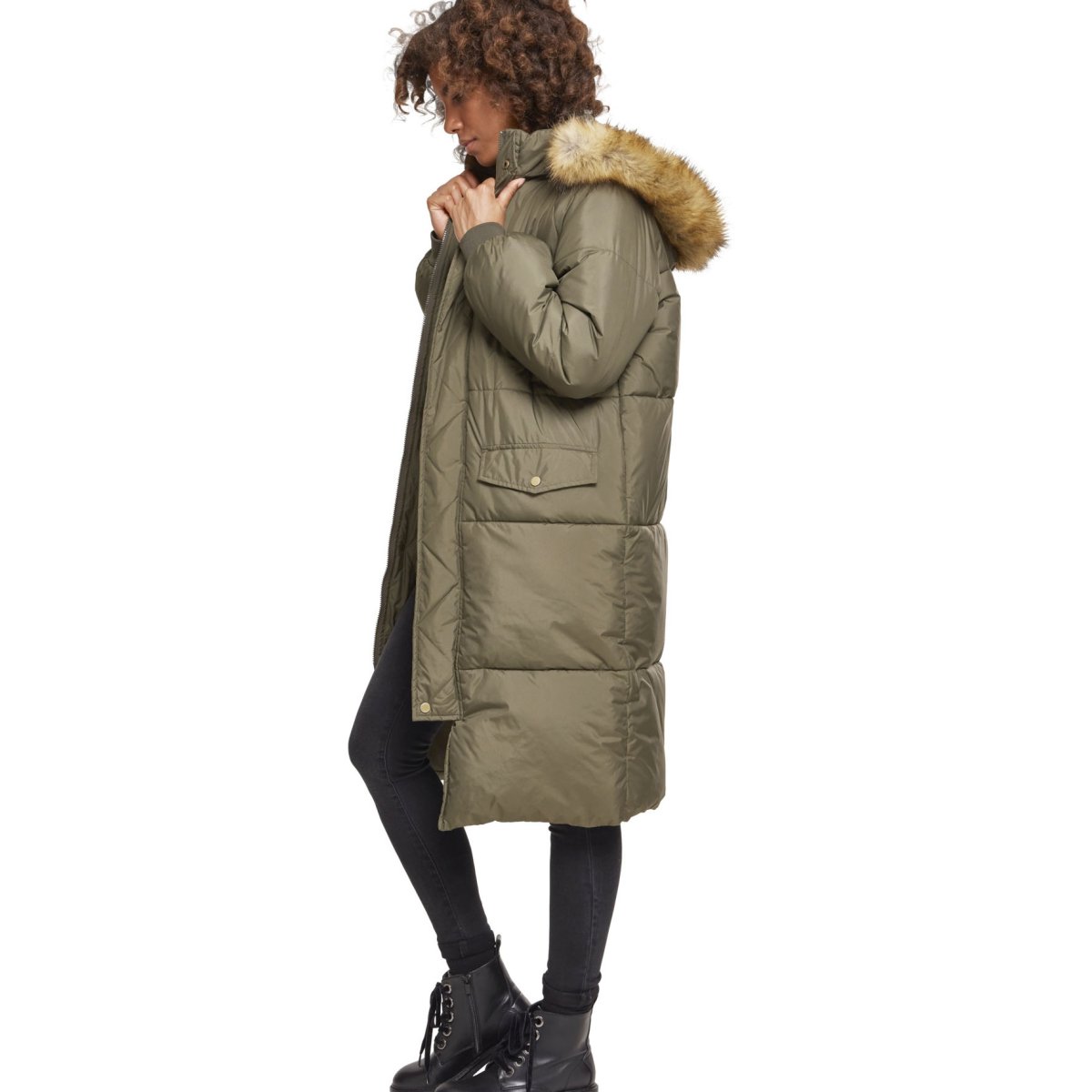 Urban Classics Ladies - Oversized Faux Fur Puffer Coat olive