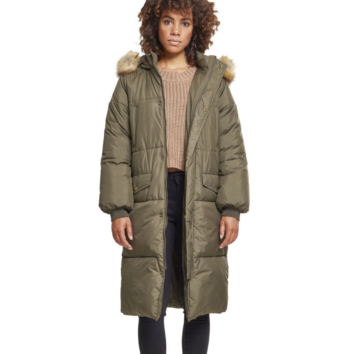 Urban Classics Ladies - Oversized Faux Fur Puffer Coat olive
