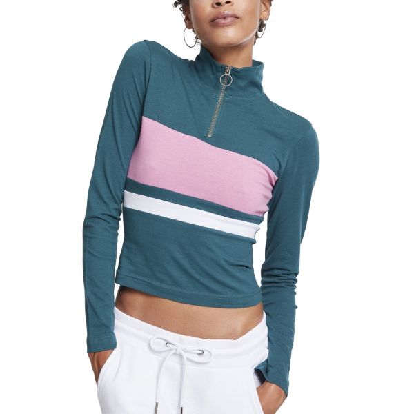 Urban Classics Ladies - 3-Tone Halfzip Short Longsleeve