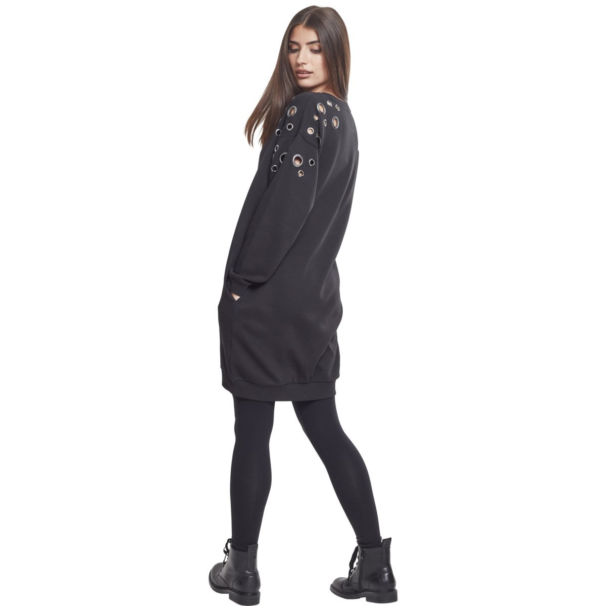 Urban Classics Ladies Long Sweat Ösen Kleid schwarz Urban Classics Damen Sweatshirt Longshirt Fine Knit Oversize