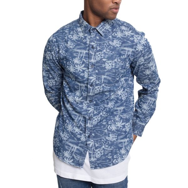 Urban Classics - Printed PALM Denim Shirt blue washed