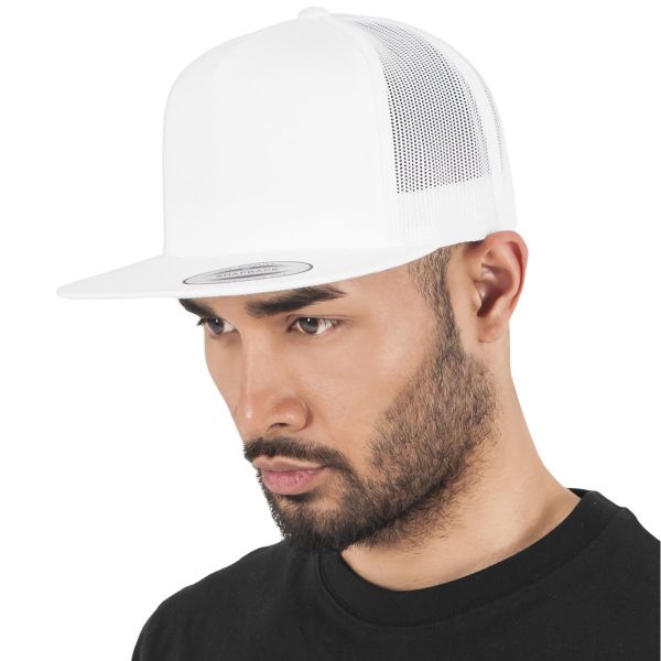 Flexfit Trucker 5-Panel Snapback Cap - white