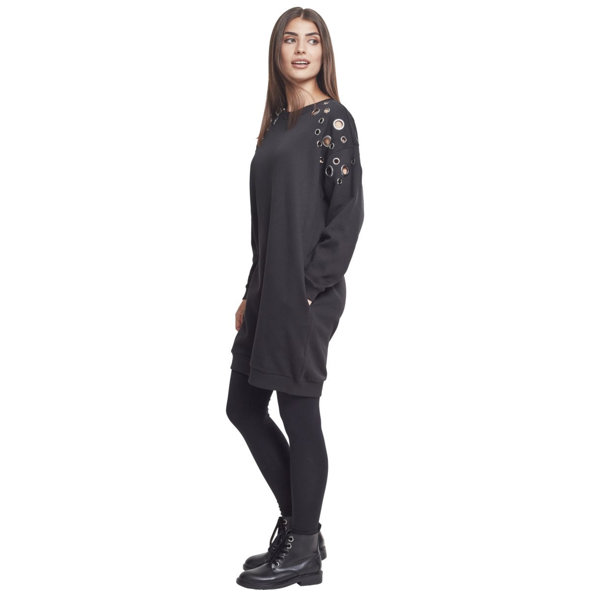 Urban Classics Ladies Long Sweat Ösen Kleid schwarz Urban Classics Damen Sweatshirt Longshirt Fine Knit Oversize